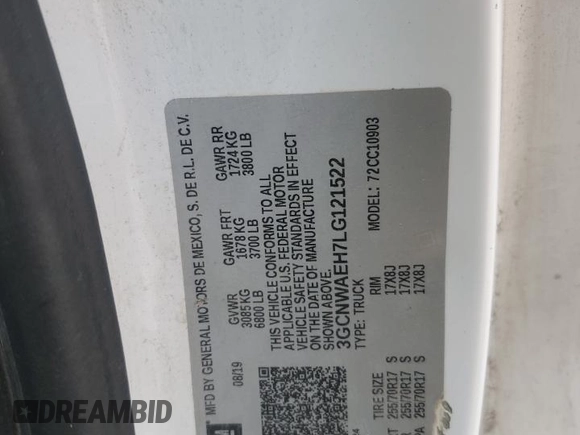2020 Chevrolet Silverado 1500 Work Truck with VIN 3GCNWAEH7LG121522, listed as a Copart auction lot 50176095 with 166,094 mi miles and Salvage Title. Bid and sale history available at DreamBid. Image 13.