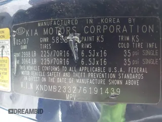 2007 Kia Sedona EX with VIN KNDMB233276191439, listed as a IAAI auction lot 41829259 with 146,147 mi miles. Bid and sale history available at carsss.com. Image 9.