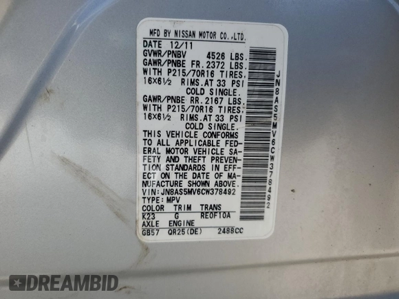 2012 Nissan Rogue S with VIN JN8AS5MV6CW378492, listed as a Copart auction lot 61191315 with 131,713 mi miles and Salvage title. Bid and sale history available at DreamBid. Image 14.