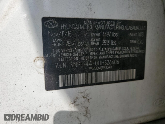 2017 Hyundai Sonata 2.4L with VIN 5NPE24AF0HH526606, listed as a Copart auction lot 54094545 with 134,482 mi miles and Clean Title. Bid and sale history available at DreamBid. Image 12.