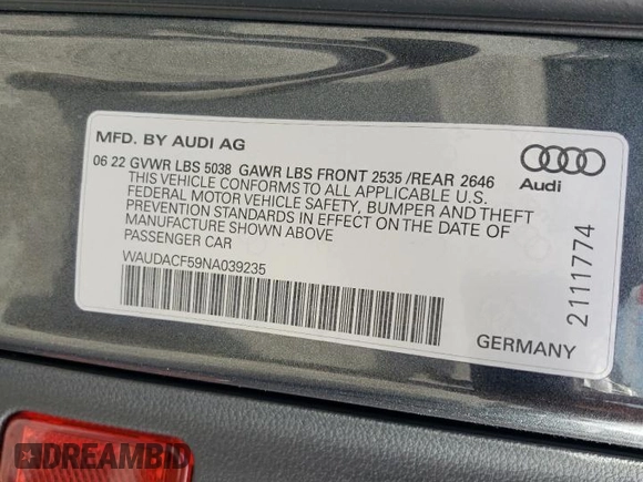 2022 Audi A5 Sportback S line Premium with VIN WAUDACF59NA039235, listed as a Copart auction lot 62306663 with 0 mi miles. Bid and sale history available at carsss.com. Image 14.