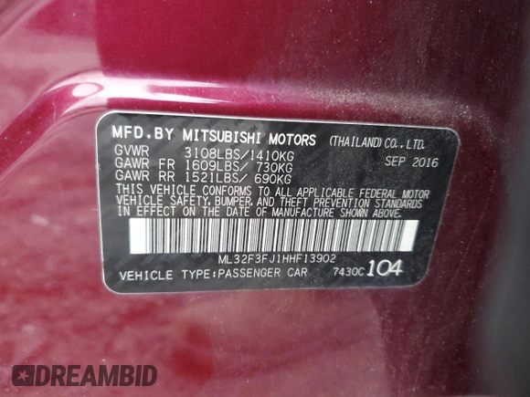 2017 Mitsubishi Mirage ES with VIN ML32F3FJ1HHF13902, listed as a Copart auction lot 84764884 with 107,235 mi miles and Salvage title. Bid and sale history available at DreamBid. Image 14.