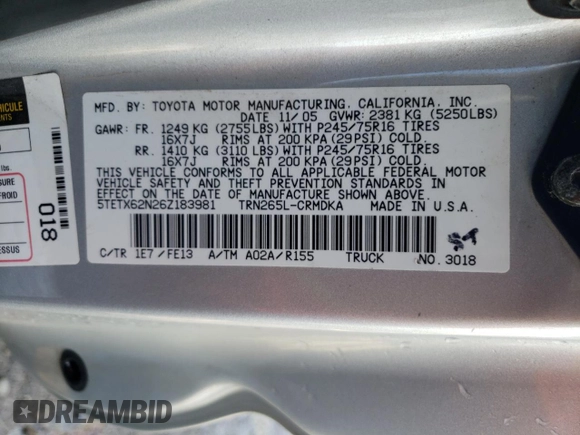 2006 Toyota Tacoma PreRunner with VIN 5TETX62N26Z183981, listed as a Copart auction lot 68654024 with 263,470 mi miles and Clean title. Bid and sale history available at DreamBid. Image 12.