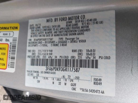 2016 Ford Fusion Titanium with VIN 3FA6P0K93GR117587, listed as a IAAI auction lot 42079701 with 142,105 mi miles. Bid and sale history available at carsss.com. Image 9.
