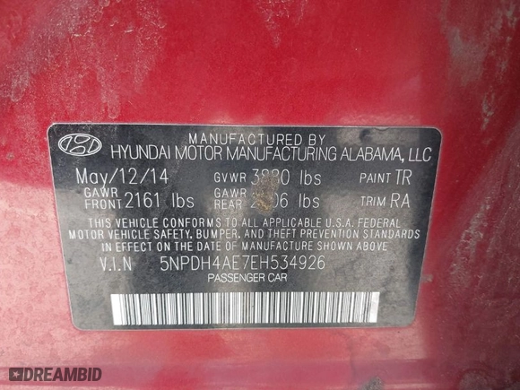 2014 Hyundai Elantra Limited with VIN 5NPDH4AE7EH534926, listed as a IAAI auction lot 41857256 with 135,932 mi miles. Bid and sale history available at carsss.com. Image 9.