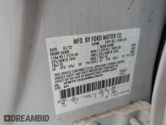 2022 Ford Mustang Mach-E Select z VIN 3FMTK1SS2NMA18639, wystawiony jako Copart lot #83831634 z przebiegiem 8 454 mil mil oraz Szkoda całkowita • Salvage title. Historia ofert i sprzedaży dostępna na DreamBid. Obrazek 14.