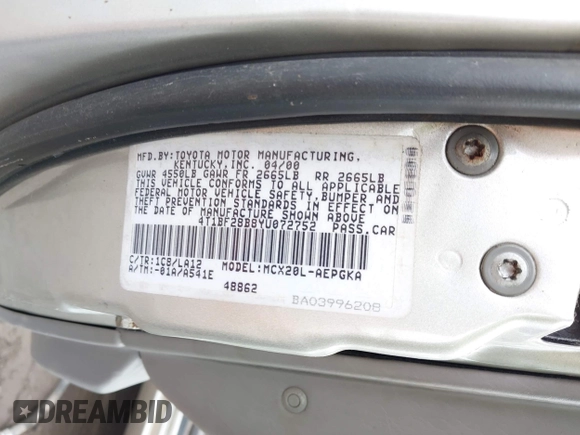 2000 Toyota Avalon XL with VIN 4T1BF28B8YU072752, listed as a IAAI auction lot 42202327 with Not Provided miles and . Bid and sale history available at DreamBid. Image 9.