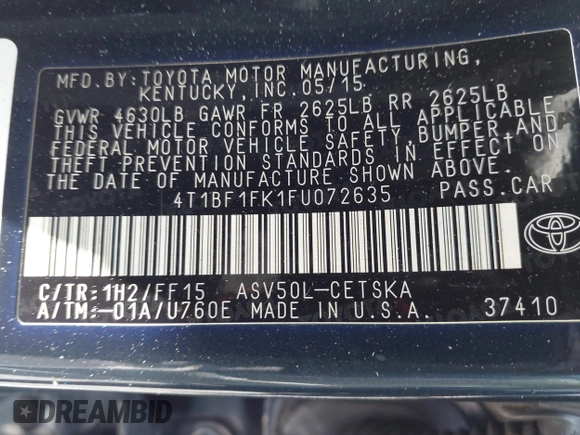 2015 Toyota Camry XLE with VIN 4T1BF1FK1FU072635, listed as a IAAI auction lot 42145826 with 101,633 mi miles. Bid and sale history available at carsss.com. Image 9.