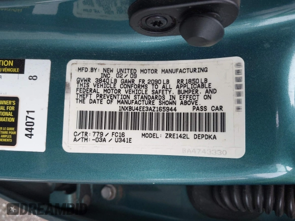 2010 Toyota Corolla with VIN 1NXBU4EE3AZ165944, listed as a IAAI auction lot 42597459 with 211,824 mi miles and . Bid and sale history available at DreamBid. Image 9.