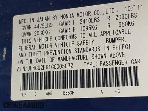 2012 Acura TSX Tech Pkg with VIN JH4CU2F61CC005072, listed as a IAAI auction lot 41742551 with 120,459 mi miles. Bid and sale history available at carsss.com. Image 9.