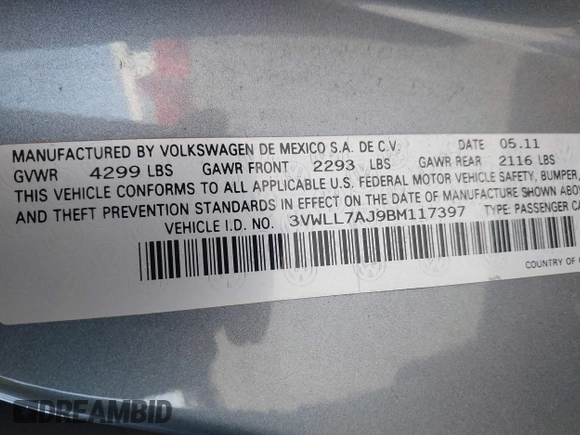 2011 Volkswagen Jetta TDI with VIN 3VWLL7AJ9BM117397, listed as a IAAI auction lot 41993733 with 130,226 mi miles and . Bid and sale history available at DreamBid. Image 9.