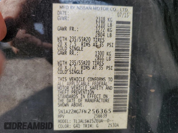 2015 Nissan Murano Platinum z VIN 5N1AZ2MG7FN256365, wystawiony jako Copart lot #58946545 z przebiegiem 107 882 mil mil oraz Czysty tytuł • Clean title. Historia ofert i sprzedaży dostępna na DreamBid. Obrazek 13.