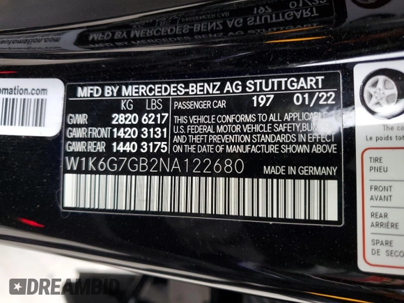 2022 Mercedes-Benz S 580 with VIN W1K6G7GB2NA122680, listed as a Copart auction lot 66226862 with 7,547 mi miles and . Bid and sale history available at DreamBid. Image 13.