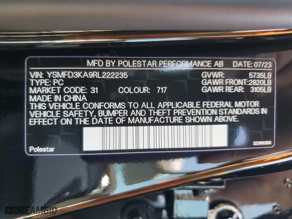 2024 Polestar 2 with VIN YSMFD3KA9RL222235, listed as a Copart auction lot 65530334 with 387 mi miles and Salvage Title. Bid and sale history available at carsss.com. Image 15.