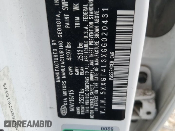 2016 Kia Optima LX with VIN 5XXGT4L3XGG020431, listed as a Copart auction lot 57244075 with 149,939 mi miles and Salvage title. Bid and sale history available at DreamBid. Image 12.