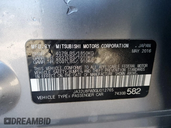 2016 Mitsubishi Lancer GT with VIN JA32U8FW3GU012765, listed as a Copart auction lot 83850494 with 48,004 mi miles and Clean Title. Bid and sale history available at carsss.com. Image 12.