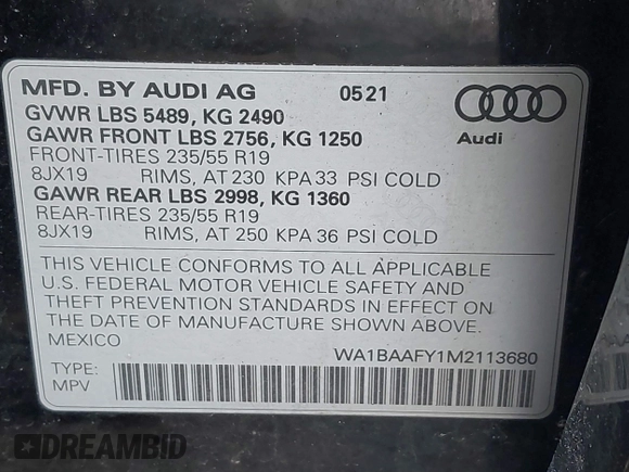 2021 Audi Q5 Premium Plus with VIN WA1BAAFY1M2113680, listed as a IAAI auction lot 41685974 with 68,161 mi miles and . Bid and sale history available at DreamBid. Image 9.