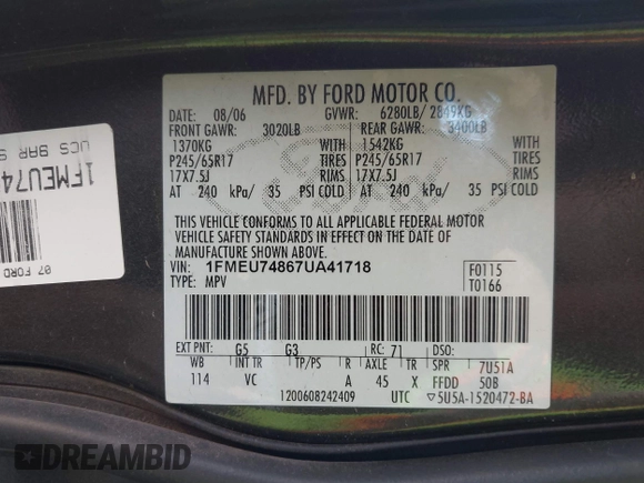 2007 Ford Explorer Eddie Bauer z VIN 1FMEU74867UA41718, wystawiony jako IAAI lot #42262818 z przebiegiem 129 454 mil mil oraz . Historia ofert i sprzedaży dostępna na DreamBid. Obrazek 9.