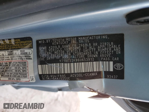 2006 Toyota Camry STD with VIN 4T1BE32K86U653912, listed as a Copart auction lot 54337295 with 196,861 mi miles and Salvage Title. Bid and sale history available at DreamBid. Image 12.