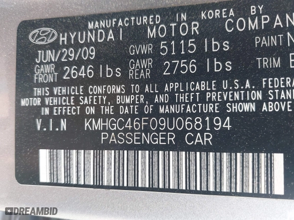 2009 Hyundai Genesis with VIN KMHGC46FC9U068194, listed as a IAAI auction lot 41942097 with 277,354 mi miles. Bid and sale history available at carsss.com. Image 9.