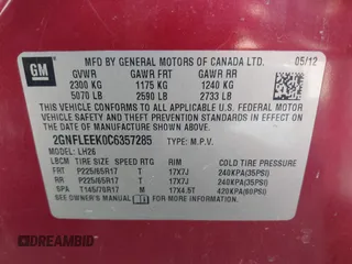 2012 Chevrolet Equinox LT w/1LT with VIN 2GNFLEEK0C6357285, listed as a IAAI auction lot 41780184 with 163,220 mi miles. Bid and sale history available at carsss.com. Image 9.