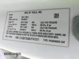 2020 Tesla Model 3 Standard Range Plus with VIN 5YJ3E1EA0LF741311, listed as a IAAI auction lot 41581931 with 43,284 mi miles. Bid and sale history available at carsss.com. Image 9.