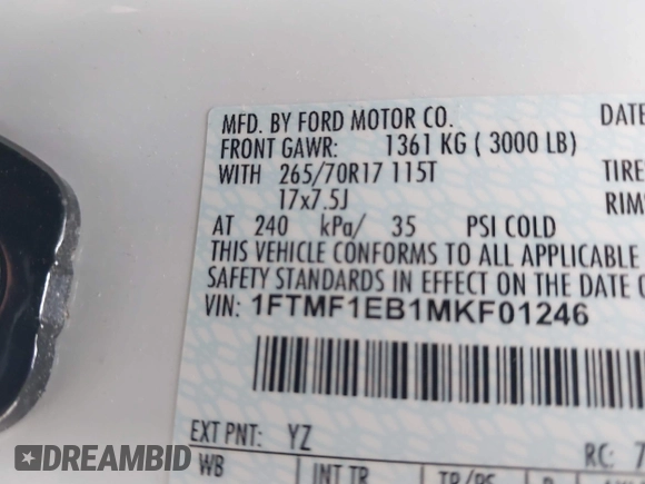 2021 Ford F-150 XL with VIN 1FTMF1EB1MKF01246, listed as a IAAI auction lot 41736886 with 44,558 mi miles and . Bid and sale history available at DreamBid. Image 9.