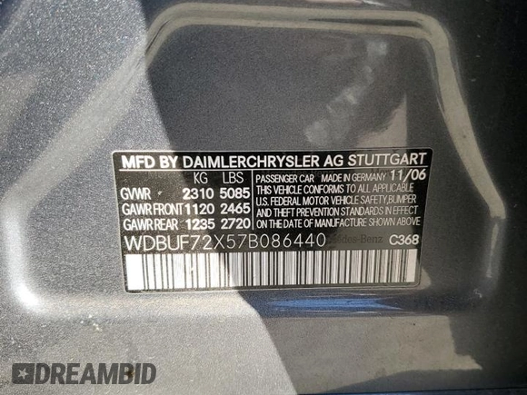 2007 Mercedes-Benz E 550 with VIN WDBUF72X57B086440, listed as a Copart auction lot 42975855 with 178,032 mi miles and Salvage Title. Bid and sale history available at DreamBid. Image 12.