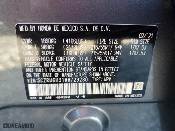 2021 Honda HR-V LX with VIN 3CZRU6H31MM729280, listed as a Copart auction lot 45457965 with 49,506 mi miles and Salvage Title. Bid and sale history available at carsss.com. Image 13.