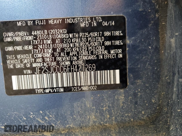 2015 Subaru Forester 2.5i Premium with VIN JF2SJCCC6FH427269, listed as a Copart auction lot 88538865 with 0 mi miles and Salvage Title. Bid and sale history available at carsss.com. Image 14.