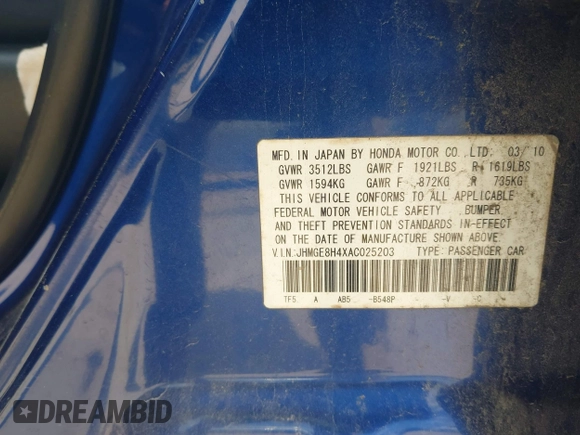 2010 Honda Fit Sport с VIN JHMGE8H4XAC025203, выставлен на аукционе IAAI как лот 42265296 с пробегом 172 352 миль миль и . История ставок и продаж доступна на DreamBid. Изображение 9.