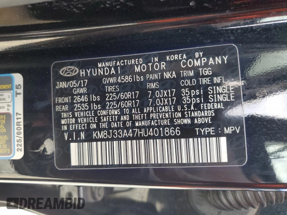 2017 Hyundai Tucson SE with VIN KM8J33A47HU401866, listed as a Copart auction lot 49777715 with 103,316 mi miles and Salvage Title. Bid and sale history available at DreamBid. Image 16.