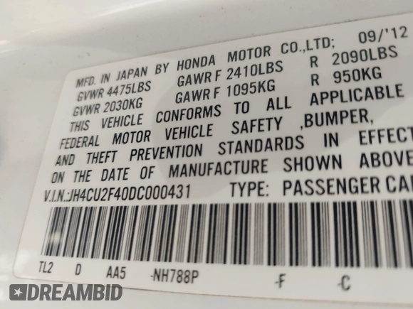 2013 Acura TSX with VIN JH4CU2F40DC000431, listed as a IAAI auction lot 42044797 with 237,031 mi miles. Bid and sale history available at carsss.com. Image 9.