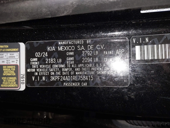 2024 Kia Forte LXS z VIN 3KPF24AD1RE758415, wystawiony jako IAAI lot #41227094 z przebiegiem 11 615 mil mil oraz . Historia ofert i sprzedaży dostępna na DreamBid. Obrazek 9.