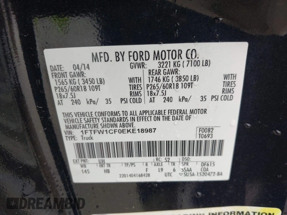2014 Ford F-150 XL with VIN 1FTFW1CF0EKE18987, listed as a IAAI auction lot 42115989 with 195,373 mi miles and . Bid and sale history available at DreamBid. Image 9.