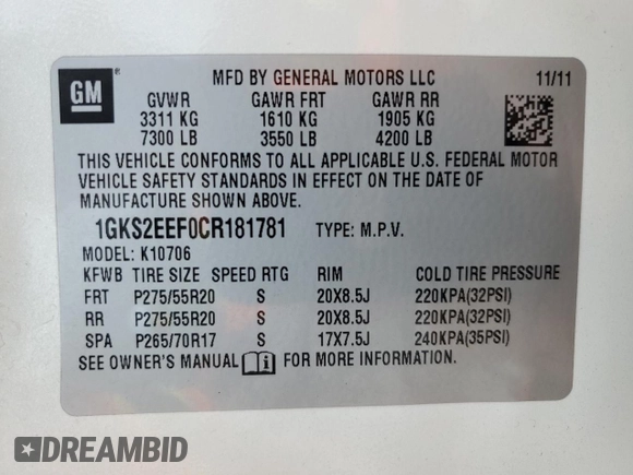 2012 GMC Yukon Denali with VIN 1GKS2EEF0CR181781, listed as a Copart auction lot 46370395 with 177,592 mi miles and Salvage Title. Bid and sale history available at carsss.com. Image 13.