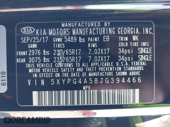 2018 Kia Sorento LX with VIN 5XYPG4A58JG394466, listed as a IAAI auction lot 41752084 with 91,053 mi miles and . Bid and sale history available at DreamBid. Image 9.