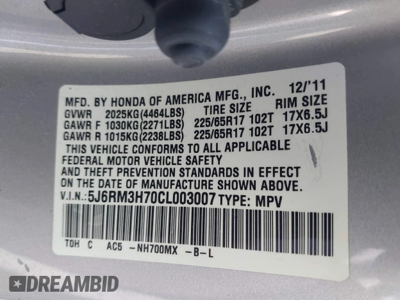 2012 Honda CR-V EX-L with VIN 5J6RM3H70CL003007, listed as a IAAI auction lot 41781046 with 81,048 mi miles and . Bid and sale history available at carsss.com. Image 9.