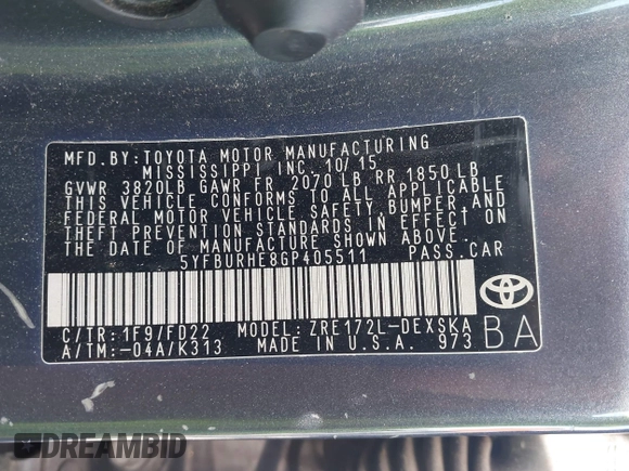 2016 Toyota Corolla L with VIN 5YFBURHE8GP405511, listed as a IAAI auction lot 41981727 with 175,000 mi miles and . Bid and sale history available at DreamBid. Image 9.
