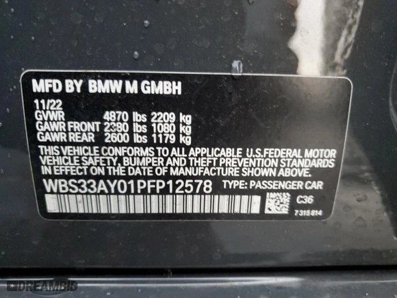 2023 BMW M3 Competition with VIN WBS33AY01PFP12578, listed as a Copart auction lot 38651054 with 0 mi miles. Bid and sale history available at carsss.com. Image 12.