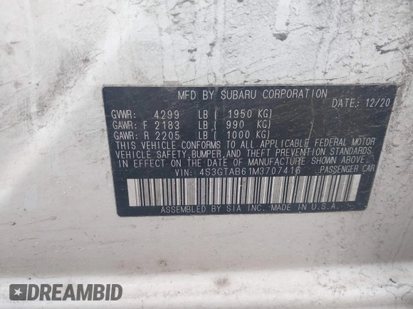 2021 Subaru Impreza с VIN 4S3GTAB61M3707416, выставлен на аукционе IAAI как лот 41597061 с пробегом 75 486 миль миль и . История ставок и продаж доступна на DreamBid. Изображение 9.