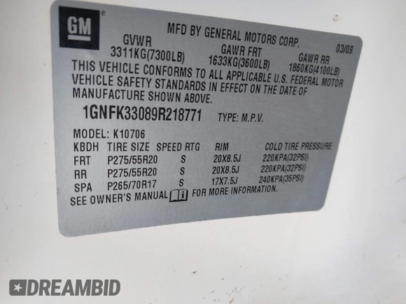 2009 Chevrolet Tahoe LTZ z VIN 1GNFK33089R218771, wystawiony jako IAAI lot #41789581 z przebiegiem 209 247 mil mil oraz . Historia ofert i sprzedaży dostępna na DreamBid. Obrazek 9.