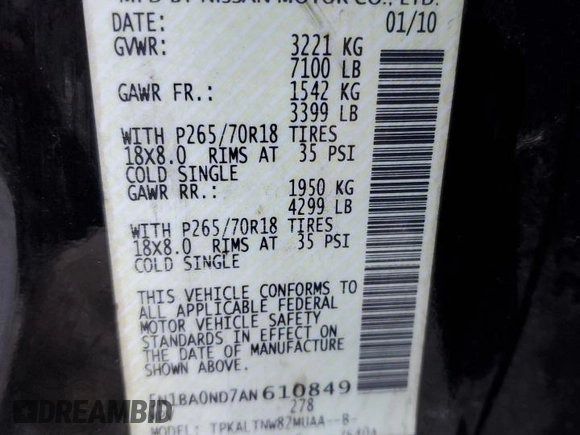 2010 Nissan Armada SE z VIN 5N1BA0ND7AN610849, wystawiony jako Copart lot #41837545 z przebiegiem 160 828 mil mil oraz Szkoda całkowita • Salvage title. Historia ofert i sprzedaży dostępna na DreamBid. Obrazek 13.