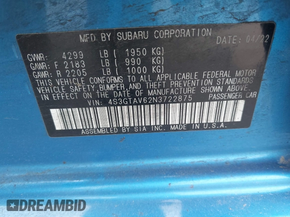 2022 Subaru Impreza Premium с VIN 4S3GTAV62N3722875, выставлен на аукционе IAAI как лот 41913952 с пробегом 19 261 миль миль и . История ставок и продаж доступна на DreamBid. Изображение 9.