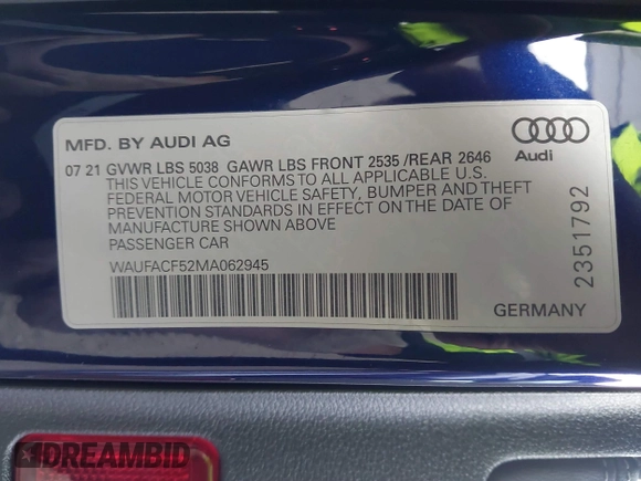 2021 Audi A5 Sportback S line Premium Plus with VIN WAUFACF52MA062945, listed as a IAAI auction lot 41808108 with 68,737 mi miles. Bid and sale history available at carsss.com. Image 9.