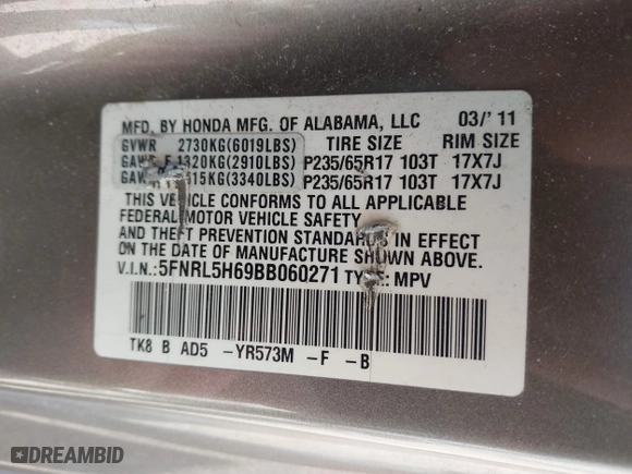 2011 Honda Odyssey EX-L with VIN 5FNRL5H69BB060271, listed as a IAAI auction lot 41872970 with 1 mi miles. Bid and sale history available at carsss.com. Image 9.