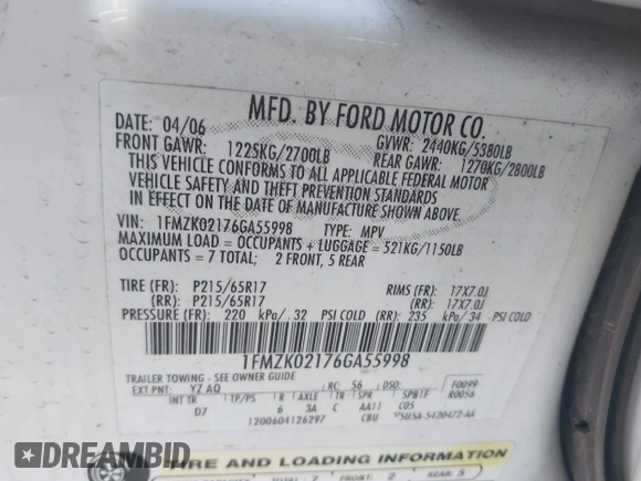 2006 Ford Freestyle SEL с VIN 1FMZK02176GA55998, выставлен на аукционе IAAI как лот 42138933 с пробегом 204 453 миль миль и . История ставок и продаж доступна на DreamBid. Изображение 9.