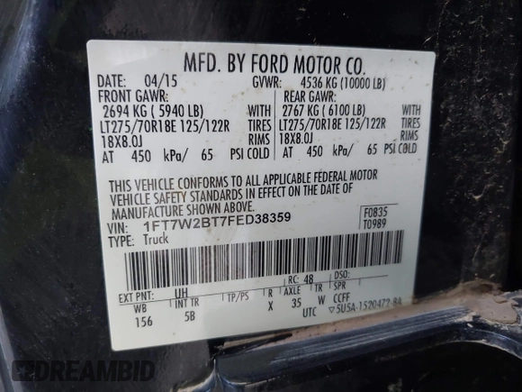 2015 Ford F-250 Lariat z VIN 1FT7W2BT7FED38359, wystawiony jako IAAI lot #42050193 z przebiegiem 105 171 mil mil oraz . Historia ofert i sprzedaży dostępna na DreamBid. Obrazek 9.