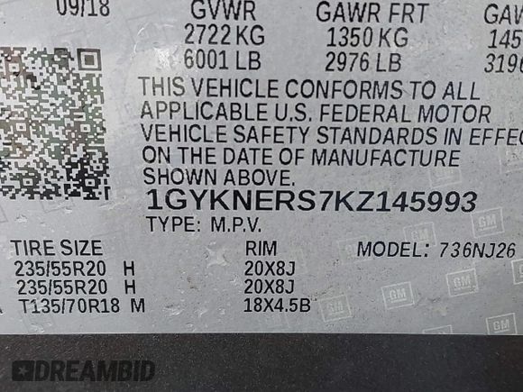 2019 Cadillac XT5 Premium Luxury FWD with VIN 1GYKNERS7KZ145993, listed as a IAAI auction lot 41619112 with 81,435 mi miles and . Bid and sale history available at DreamBid. Image 9.