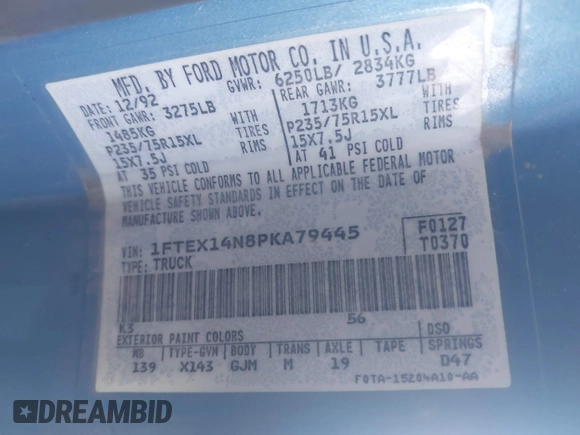 1993 Ford F-150 with VIN 1FTEX14N8PKA79445, listed as a IAAI auction lot 42403890 with 205,198 mi miles and . Bid and sale history available at DreamBid. Image 9.
